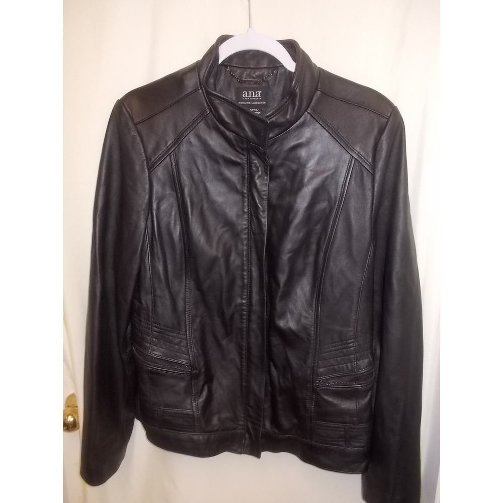 ana A New Approach Black Genuine Lambskin Leather Jacket XL Mandarin Collar Moto